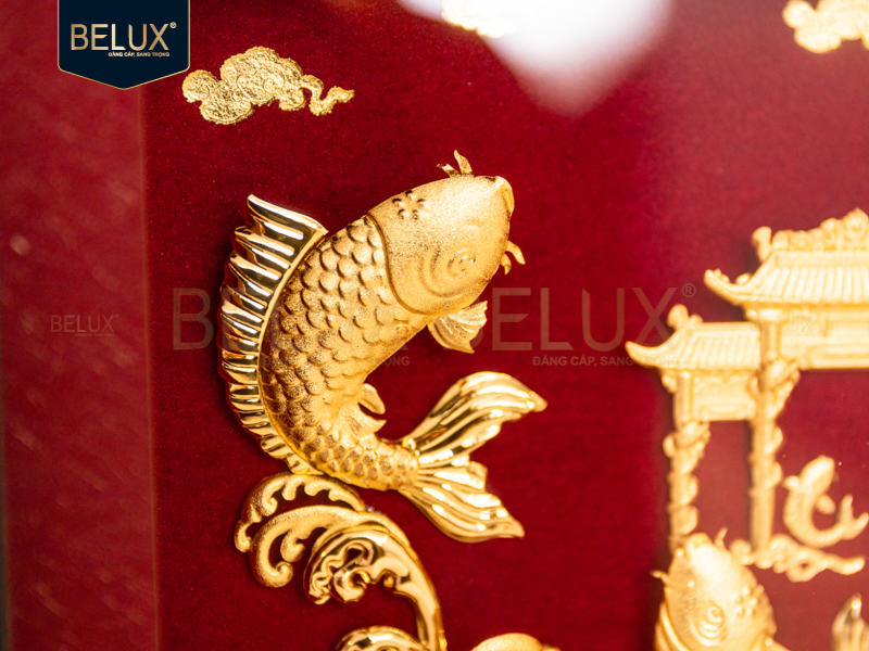 Tranh Cá Chép Vượt Vũ Môn Dát Vàng 24k- 25x20cm